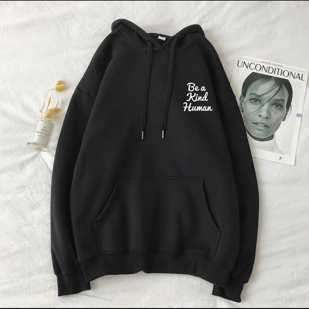NEW Oversized Hoodies Be a kind human Tan Black - Picture 3 of 4